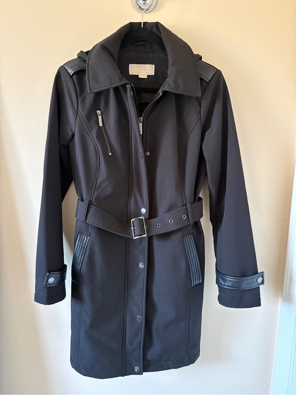 Michael Kors Black Trench Coat with Belt and Zip Details